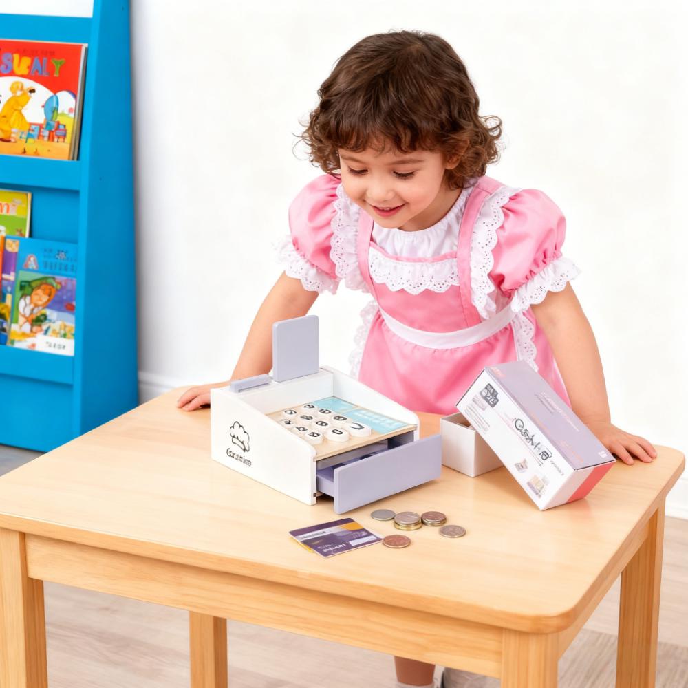 Toy Cash Register - Drewniana kasa fiskalna dla dzieci, zestaw